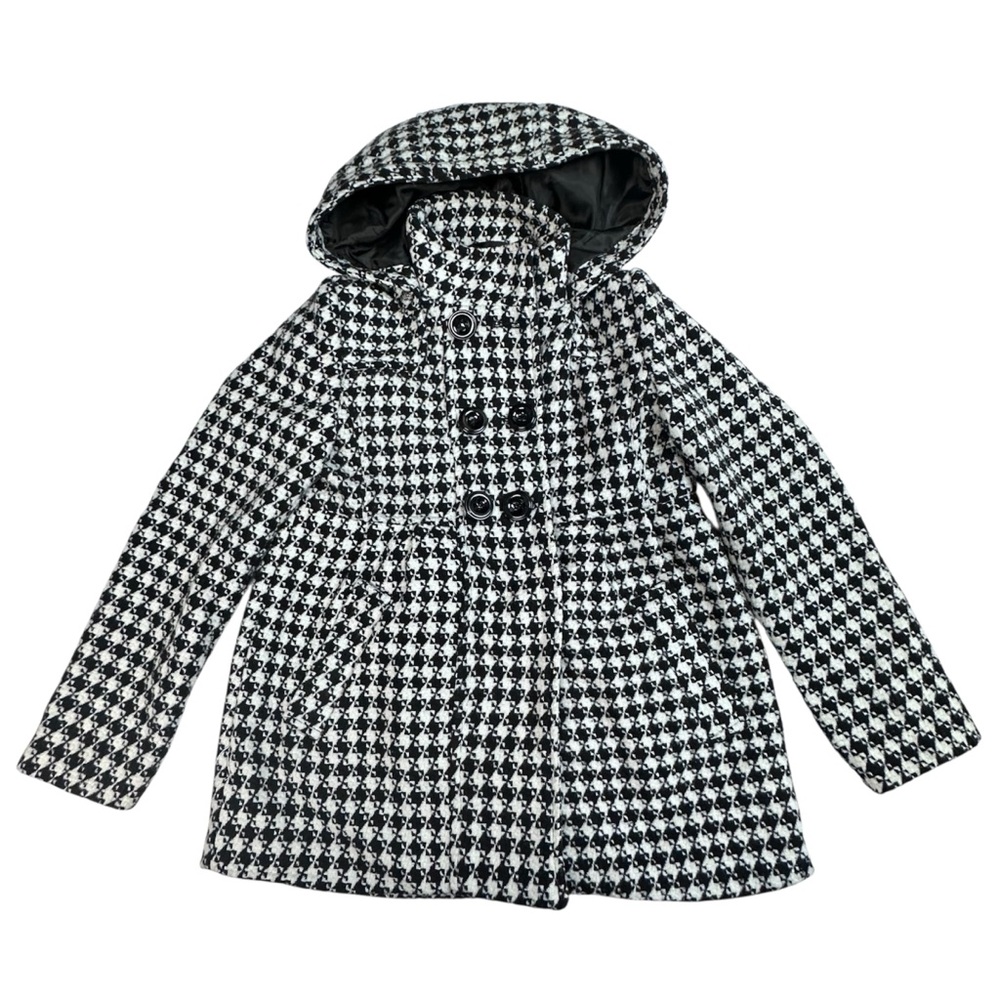 Rothschild Girls Large 10-12 Houndstooth Check Black White Hooded Coat Jacket